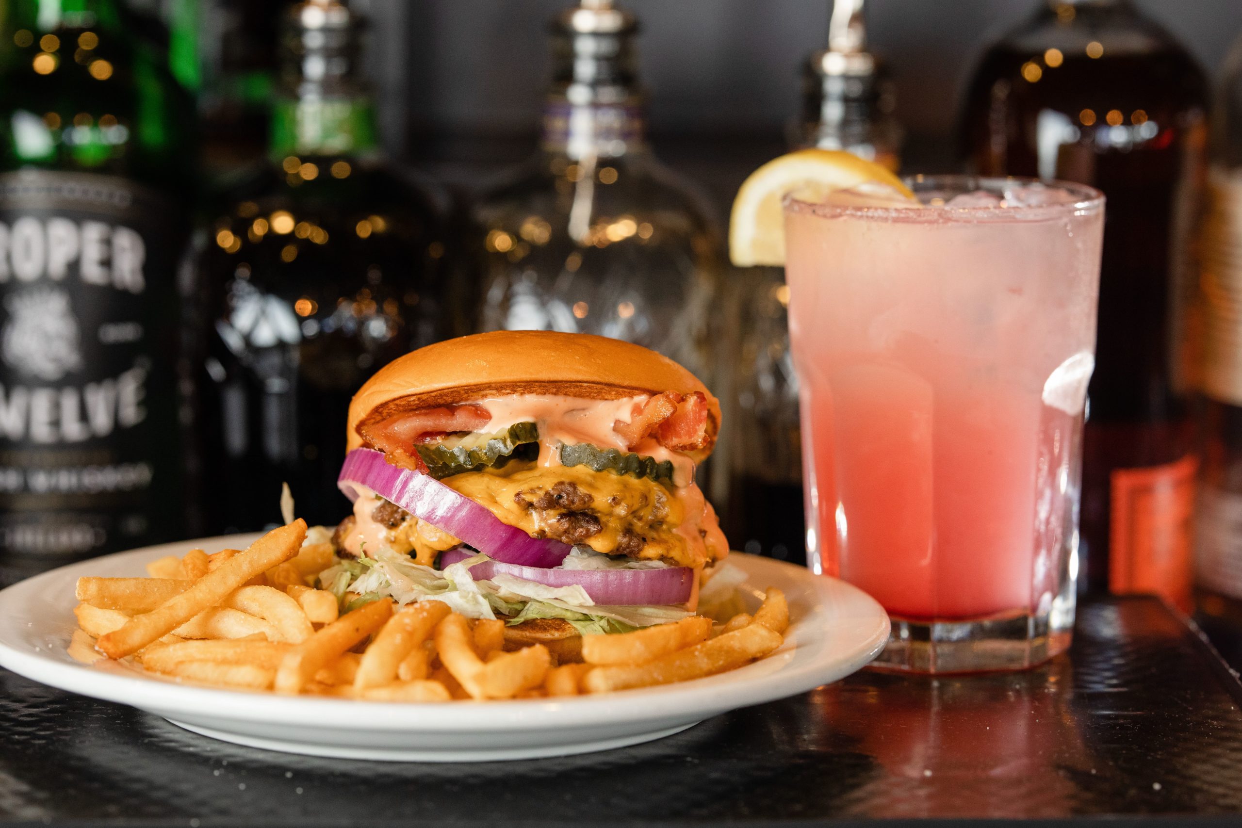 A burger and a drink at the local dining scene in Post Falls Bunker Bar